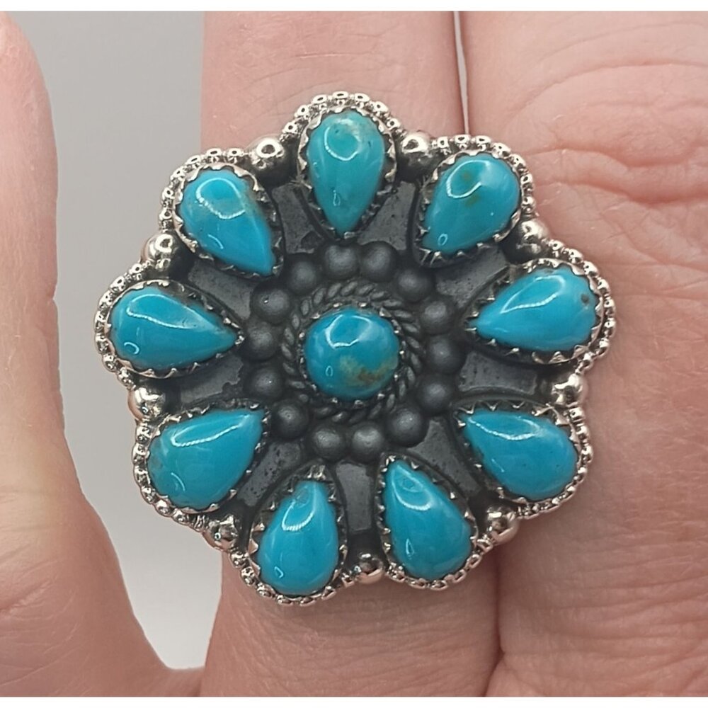Southwest Sterling Silver Turquoise Cluster Ring Size 7.5 Flower Design